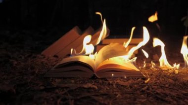 An open book is on fire. Big bright flame, burning paper on old publication in the dark. Book Burning - Censorship Concept, slow motion, close-up, 4K