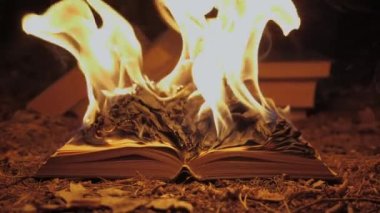 An open book is on fire. Big bright flame, burning paper on old publication in the dark. Book Burning - Censorship Concept, slow motion, close-up, 4K