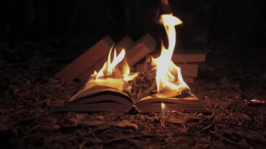 An open book is on fire. Big bright flame, burning paper on old publication in the dark. Book Burning - Censorship Concept, slow motion, close-up, 4K