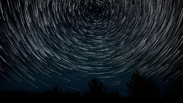 Star Trails Night Sky Stars Move Polar Star Silhouettes Trees — Stock Photo, Image