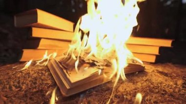 An open book is on fire. Big bright flame, burning paper on old publication in the dark. Book Burning - Censorship Concept, slow motion, close-up, 4K