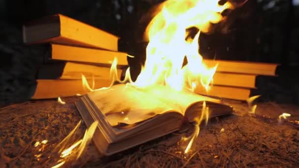 Open Book Fire Big Bright Flame Burning Paper Old Publication — Stok Video