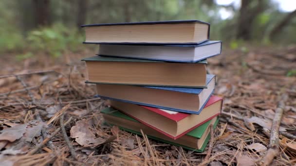 Naskládané Knihy Lese Koncept Učení Čtení Znalostí Detailní Záběr Rozmazané — Stock video