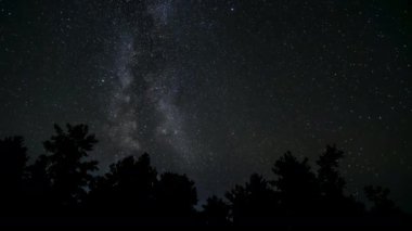 Samanyolu Galaksisi 'nin zaman atlaması bir ormanın üzerinden geçiyor. Yıldızlı gece geçmişi. Efsanevi video 4K