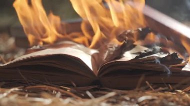 Açık bir kitap yanıyor. Büyük, parlak bir alev, eski yayınları yavaş çekimde yakıyor. Kitap Yakma - Sansür Konsepti