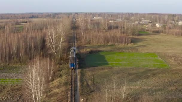 Bir Lokomotif Iki Vagonun Hava Manzarası Kırsal Bölgedeki Dar Bir — Stok video