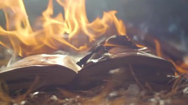Açık bir kitap yanıyor. Büyük, parlak bir alev, eski yayınları yavaş çekimde yakıyor. Kitap Yakma - Sansür Konsepti
