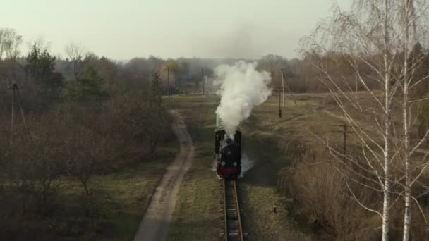 田舎の線路を走る古い蒸気列車の空中観測 歴史ある蒸気機関車で ドローンで上から見た白い煙が付いています — ストック動画