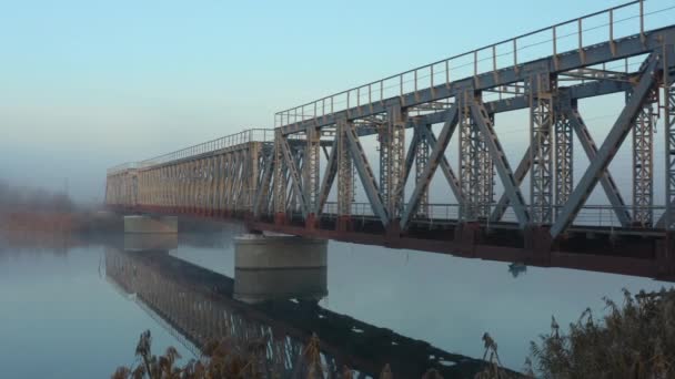 Aerial View Railway Bridge River Fog Early Morning — Stock Video