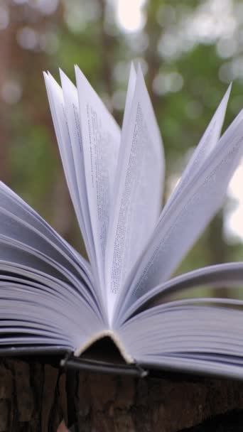 在森林里翻开书本学习 阅读和知识的概念 模糊的背景 垂直录像 — 图库视频影像
