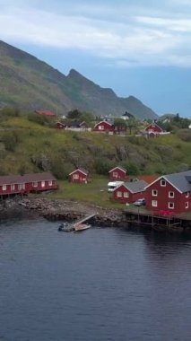 Deniz kıyısının ve küçük balıkçı köylerinin havadan görünüşü. Lofoten Adaları. Norveç. dikey görüntüler