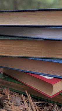 Ormanda istiflenmiş kitaplar. Öğrenme, okuma ve bilgi kavramı. Yakın plan. Arka plan bulanık. Dikey video