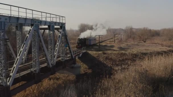 Vue Aérienne Une Vieille Locomotive Vapeur Conduisant Sur Pont Ferroviaire — Video