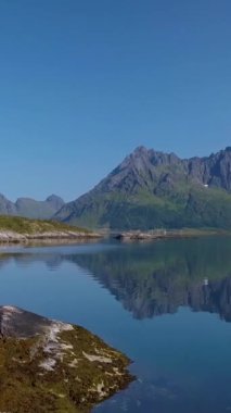 İnsansız hava aracı Norveç fiyordunun kıyısındaki bir çadırın içinden uçuyor. Macera ve seyahat konsepti. Lofoten Adaları, dikey görüntüler