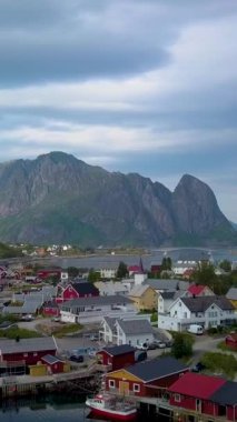 Norveç 'in Lofoten adalarındaki Resimli balıkçı kasabası Reine' in hava manzarası güneşli yaz gününde popüler turizm beldesi, dikey görüntüler