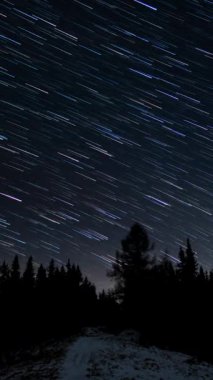 Gece gökyüzünde kuyrukluyıldız şeklindeki yıldızların zaman çizelgeleri, dikey görüntüler.