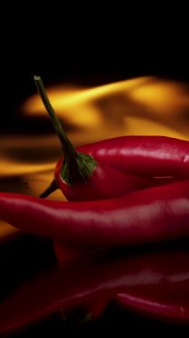 Siyah arka planda alevler içindeki kırmızı biberler. Baharatlı yemek konsepti. Yakın çekim, dikey görüntü