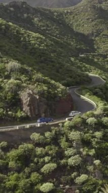 İspanyol Kanaryaları 'ndaki Tenerife adasında güzel bir dağ yolunda giden arabaların hava manzarası. Seyahat ve macera konsepti, dikey görüntüler