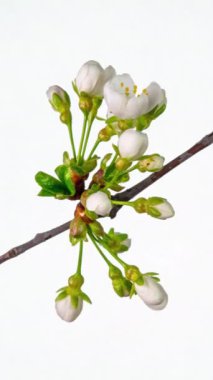 Beyaz arkaplanda bir elma çiçeğinin beyaz taç yapraklarının filizlenmesinin zaman aşımı. Apple ağacının dallarında güzel çiçekler açmanın bahar zamanı geldi. Makro çekim, dikey görüntü.
