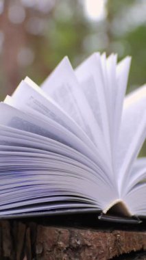 Ormanda açık bir kitap. Öğrenme, okuma ve bilgi kavramı. Yakın plan. Arka plan bulanık. Dikey video