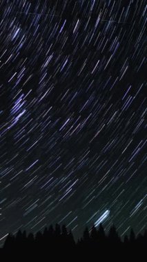 Gece gökyüzünde Yıldız 'ın zaman atlaması. Yıldızlar bir kutup yıldızının etrafında döner, dikey görüntüler