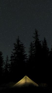 Ormanda parlayan bir çadırın üzerinde gece gökyüzünde hareket eden yıldızların zaman atlaması. Destansı video, dikey görüntü