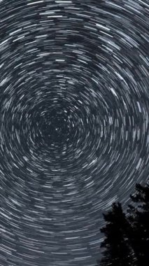 Gece gökyüzünde Yıldız 'ın zaman atlaması. Yıldızlar bir kutup yıldızının etrafında döner, dikey görüntüler