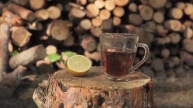 Orman ortamında bir ağaç kütüğünün üzerinde duran bir bardak çay ve bir dilim limon. Arkaplan, istiflenmiş kütüklerin bulanık bir görüntüsüdür.