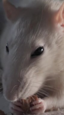 Yerli beyaz farenin tohumları yediği yakın plan. dikey görüntüler