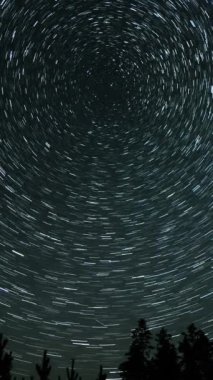 Gece gökyüzünde Yıldız 'ın zaman atlaması. Yıldızlar bir kutup yıldızının etrafında döner, dikey görüntüler