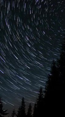 Gece gökyüzünde Yıldız 'ın zaman atlaması. Yıldızlar bir kutup yıldızının etrafında döner. Destansı video, dikey görüntü