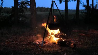 Alevler ateşin üzerinde asılı bir tencerenin etrafında dans ederken bir kamp ateşi çatırdıyor. Gölün kenarındaki huzurlu orman bu akşam yemek pişirme deneyimi için mükemmel bir zemin oluşturuyor..