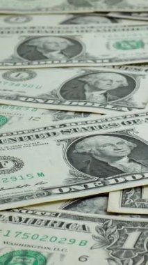 Bir dolarlık banknotların bir koleksiyonu düz bir yüzeyde, karmaşık tasarımlar ve Amerikan parasının sembolik yeşil rengini sergiliyor. Banknotların dokusu ve desenleri üzerinde duruluyor..