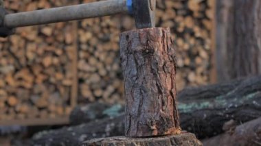 Bir balta, sağlam bir kütüğün üzerinde duran sağlam bir kütüğe vurur ve kıymıkları uçurur. Arka planda, istiflenmiş odun dışarıda rahat bir atmosfer yaratır..