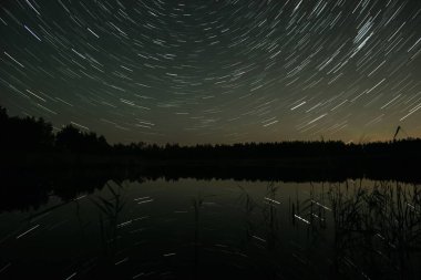 Göz kamaştırıcı yıldız izleri, sakin bir göl üzerindeki gece gökyüzünü süslüyor, temiz bir atmosferin altındaki ormanın güzelliğini yansıtıyor..