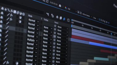 Profesyonel kurgu yazılımında, araçlar ve katmanlar renk düzeltmesi ve reklamların ve müzik videolarının post-prodüksiyonuna göre düzenlenir, düzenleme sürecini vurgular.