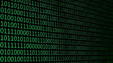 Arkaplanda, teknolojiyi ve veri işlemeyi sembolize eden dijital bir estetik yaratan, yeşilin tonlarında ikili kodların karmaşık bir düzeni yer alıyor..