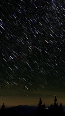Yıldız 'ın gece gökyüzündeki ağaç siluetlerinin üzerindeki zaman aralıkları. Destansı video, dikey görüntü