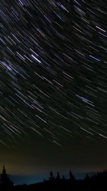 Gece gökyüzünde Yıldız 'ın zaman atlaması. Yıldızlar bir kutup yıldızının etrafında döner, dikey görüntüler