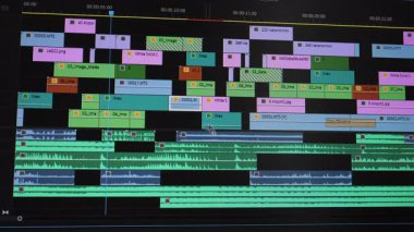 Düzenleme yazılımında ses ve video katmanları ile çoklu iz zaman çizgisi, istiflenmiş parçaları ve ses dalgaboylarını gösteren video düzenleme arayüzünün ayrıntılı görünümü