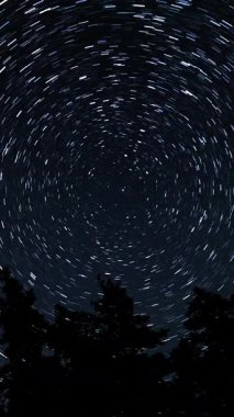 Gece gökyüzünde Yıldız 'ın zaman atlaması. Yıldızlar bir kutup yıldızının etrafında döner, dikey görüntüler