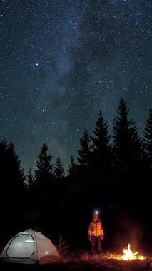 Yıldızlı gökyüzünün altında ateş ve ormandaki çam ağaçları olan gece karavanı, farlı adam ormanda ateş ve çadırın yanında duruyor yıldızlarla dolu gökyüzünün altında geceleri dikey görüntüler.
