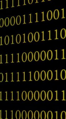 Dijital ekranda ikili kod matrisi, siyah ekranda parlayan sarı çift haneli sayıların yakın çekimi, dijital verileri, dikey görüntüleri sembolize ediyor.