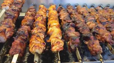 Juicy grilled skewers over hot charcoal fire, Golden chicken and smoky beef pieces roasting on metal sticks for barbecue flavor