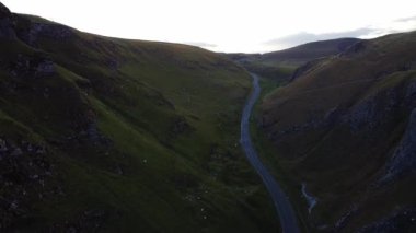 View from drone on Winnats Pass during sunset, National Park Peak District Hope Valley, England 2022.