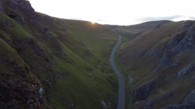 View from drone on Winnats Pass during sunset, National Park Peak District Hope Valley, England 2022.