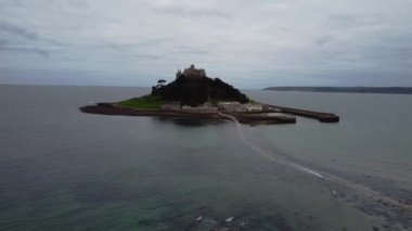 View from drone to the St. Michaels mount in Marazion England Cornwall, February 2023.