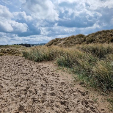 Bulutlu bir günde, sakin ve mistik bir atmosferle kaplanmış Formby Plajı. Gökyüzü yumuşak, dalgalı bulutlarla örtülüdür. Bu bulutlar yeryüzü üzerinde hafif yayılmış bir ışık oluşturur. Kumsal uzanır, altın kumları serin tonla çelişir.