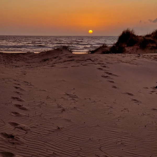 Güneş ufkun altına batıyor, Formby Sahili 'ne altın bir parıltı saçıyor..