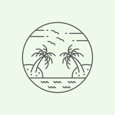 Plaj dalgası sanat simgesi logosu tasarımı minimalist çizim palmiye ağacı rozeti